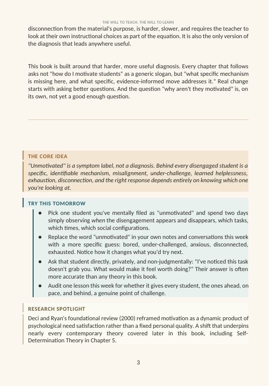 Chapter 1 page showing The Core Idea, Try This Tomorrow and Research Spotlight